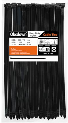 Oksdown 100 Pack Black Thick Cable Ties Heavy Duty Large 200mm×7.6mm Strong Nylon Plastic Self Locking 8 inch/20 cm Zip Tie Wraps