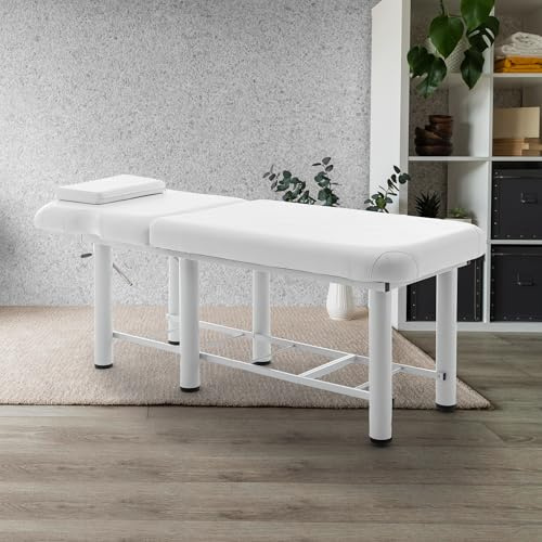 Hohuqeri Professional Massage Bed 73 Inch, Stationary Physical Therapy Treatment Table Salon Bed with Removable Headrest, Spa Facial Bed with Adjustable Backrest, Esthetician Table, White