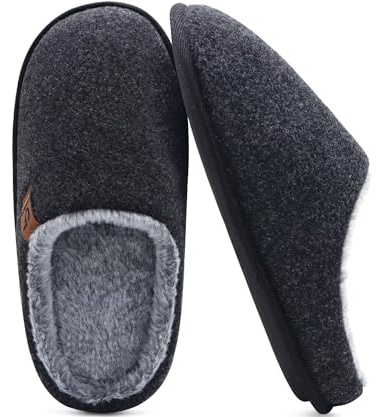 COFACE Mens Warm House Slippers Cozy Memory Foam Scuff Slipper Slip On Lightweight Felt Bedroom Shoes With Indoor Outdoor Rubber Sole, Black Size 9