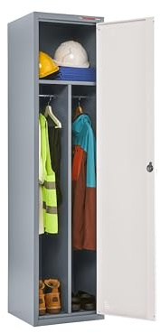The Workplace Depot Clean/Dirty Metal Locker, Lockable Heavy Duty Steel Storage Locker with Dual Compartments & 2 Hanging Rails (Grey)