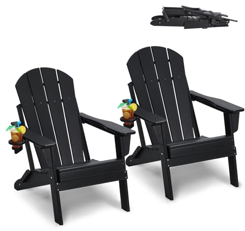 VEVOR 2 Juegos de Sillas Adirondack de Plástico Plegables y Portátiles de 800 x 755 x 915 mm para Exteriores, con Portavasos, Reposabrazos Relajante y Ergonómico para Jardín, Patio Trasero, Negro