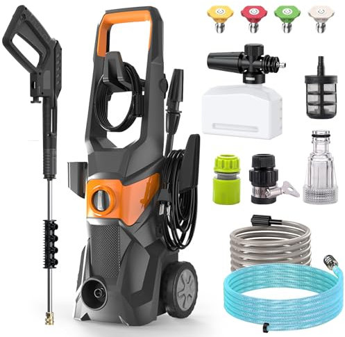 Profi Hochdruckreiniger, 200 Bar 3000 W Fassadenreiniger mit 10m Schlauch, Fugenreinige, 1.8m Wasserzulaufrohr, 540 l/h Fördermenge, Reinigungslanze, Düsenaufsatz, Quick Connect