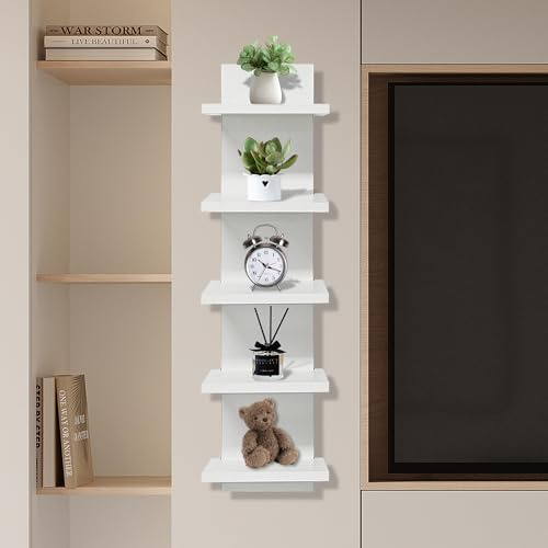 wdbg 5 Tier Shelves for Wall, Decorative Wall Mounted Vertical Shelving Column Decor 30 Inch H Mounted Floating Storage Organizer Natural Finish Wall Shelf for Living Room, Bedroom, Bathroom