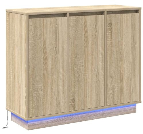 vidaXL LED-sido bord Sonoma-ek 90 x 32 x 75 cm Konstruerat trä, Stilig matplatsbuffé, rektangulära LED-skåp, minimalistisk förvaring för vardagsrum och utrymmen