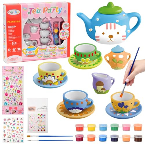 Tazza in Ceramica Kit di Pittura per bambino, Set Lavoretti Creativi Teiera con Adesivi Diamanti, DIY Set Pittura Giocattolo bambino, Giochi Creativi per 4-10 Anni
