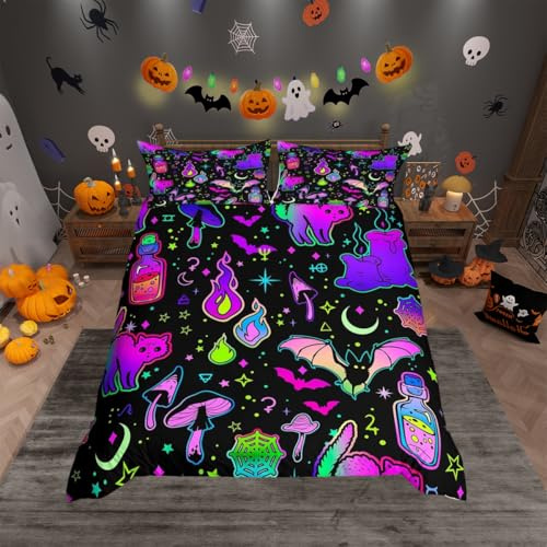 Loussiesd Halloween Duvet Cover Junior/Cot Bed with 1 Pillow Cases Decor Happy Halloween Bedding Set Neon Cartoon Cat Quilted for Kids Adults