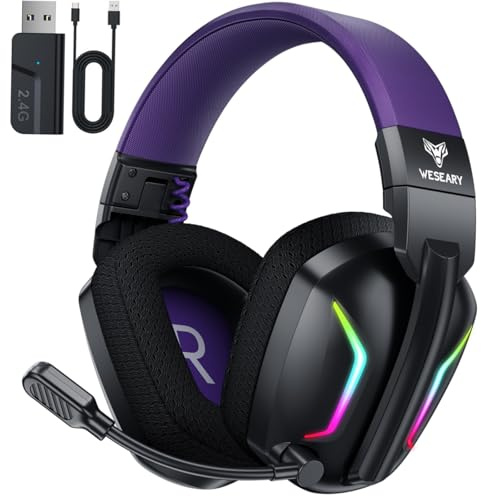 WESEARY Wireless Gaming Headset for PS5, PC, PS4, Switch & Mac, Dual-Mode 2.4GHz & Bluetooth Headset with Microphone for PlayStation 4 Accessory Kits,50mm Stereo Drivers,LED Light,50H,PurpleNeon