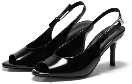 Coutgo Womens Slingback High Heels Open Peep Toe Sandals Buckle Wedding Party Dress Shoes, Black Patent Leather, Size 7.5