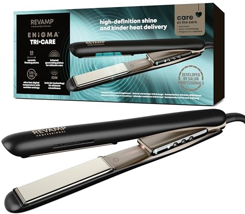 REVAMP Enigma Tri Care Piastra per Capelli a Infrarossi - Piastre in Ceramica Infrarossa con Tecnologia Ionica e Oli Progloss, Protezione e Cura dei Capelli, Anti Crespo