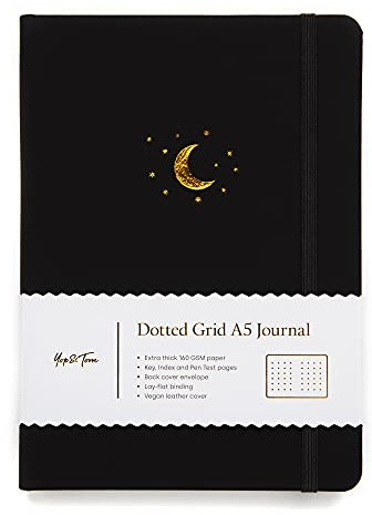 Yop & Tom Carnet de notes à pois A5 – Lune et étoiles – avec papier extra épais (160 g/m²) – Journal à grille (anthracite)