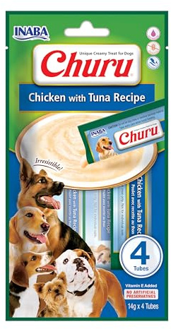 INABA Churu Hundeleckerli Keine Nebenerzeugnisse Creamy Snack, Getreidefrei, Zuckerfrei, Kalorienarm, 100% natürliches Fleisch mit Huhn & Thunfisch 56 g (1er Pack)