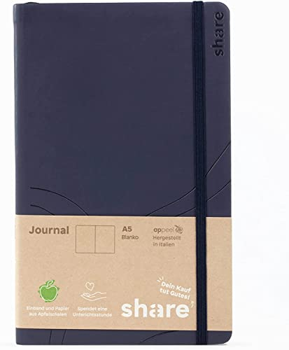 share Journal A5 blanko – Notizheft spendet eine Unterrichtsstunde für ein Schulkind – Upcycling Notizbuch aus Apfelschalen – anthrazit/dunkelblau