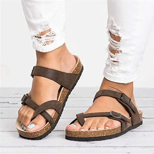 Damer sandaler- Ortopediska kork-sandaler för kvinnor Dammode Tofflor med delad tå i PU-läder Peep Toe Flip Flops Flickor Platta sandaler med klipptå Casual strandskor (Color : Brown, Size : 40 EU)