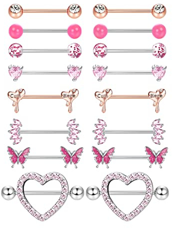 ADRAMATA 8 Paire Piercing Acciaio Chirurgico Capezzolo Set CZ Cuore Farfalla Anello con Catena Bar Lingua Gioielli Donna