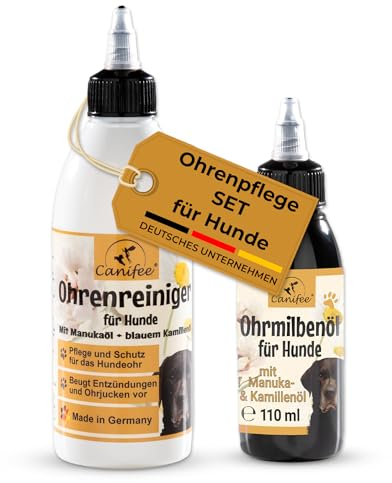 Canifee - Ohren Pflege-Set für Hunde - 250ml Ohrreiniger und 110ml Ohrenmilbenöl im Set, für effektive Reinigung und nachhaltige Pflege