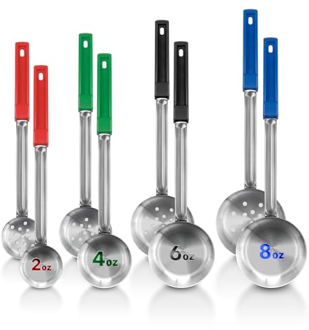 Portion Control Serving Spoons (Set of 8), Slotted & Unslotted Portion Scoops for Food, Heavy Duty Stainless Steel Utensils for Portion Control, 2, 4, 6, and 8oz Scoops for Portion Perfection