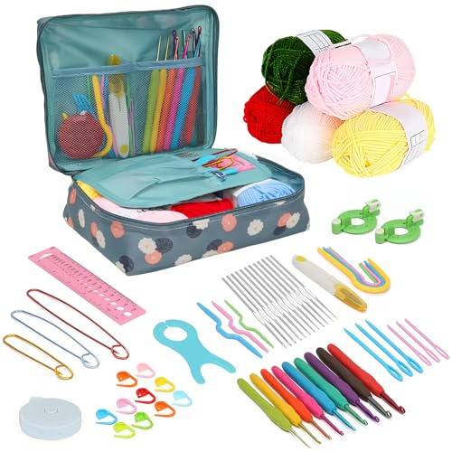 HäKelnadel Set, 59 Stück Häkelset für Anfänger 2mm-8mm, Bunte Metall Häkelnadeln und Tpr Griff Häkelnadeln mit Weichem Griff, Häkeln Stricken Nadeln Kit Haushalt Werkzeug mit Tragbaren Tasche