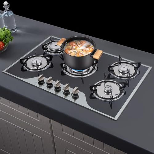 5 Burner Gas Stove Cast Iron Hob Cooker Lpg Ng Cooktop + Stainless Steel Water Tray Kitchen Appliance Tempered Glass Top Built In for a wide variety of kitchen cooks automatic pulse ignition