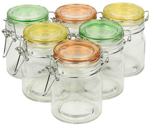 URBNLIVING Set of 6 Glass Storage Jars with Airtight Coloured Clip Lids 145ml Capacity Ideal for Kitchen Organization, Storing Spices, Herbs, and Dry Goods Stylish and Functional Storage Solution
