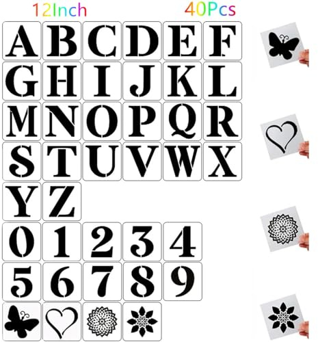 12 Inch Letter and Number Stencils, 40Pcs Plastic Templates for Painting | Large Letter Painting Templates for Wood, Wall, Fabric, Rock & Signs, Reusable Alphabet Number Stencils for Art Projects
