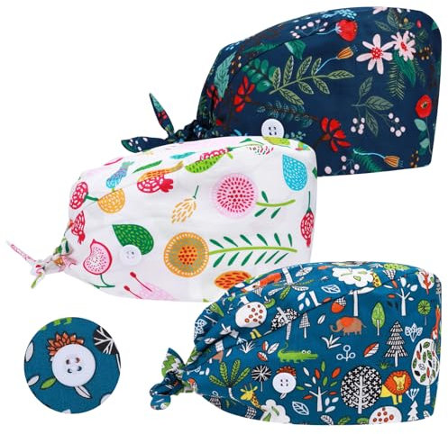 3 Stück Op Haube Stoff Krankenschwester Haube Einstellbare Chirurgische Mütze Knöpfen Verstellbar Arbeitskappe Baumwolle Staubkappe Kappe Bedruckte Turban Hut Mit Schweißbandkapuzen Beutelkappen