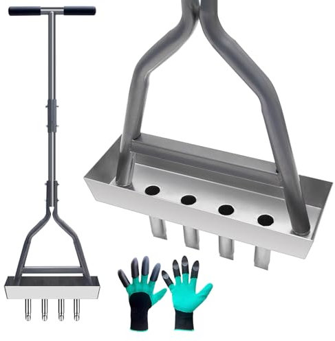 JAOGAUS Aireador de césped con 4 dientes, aireador de césped con punta de metal con bandeja y herramientas de jardín, aireador de núcleo de césped, aireador con punta en T, para aflojamiento del suelo