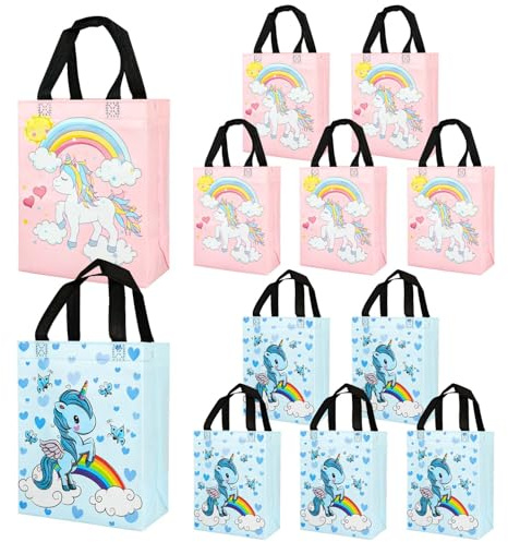 PHOGARY - 12 Sacchetti Regalo Unicorno per Feste di Compleanno, Goodie Bags con Rinforzo e Manici, Idee per Bomboniere Bambini (6 Rosa, 6 Blu 20x25x10 cm)‌