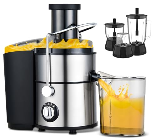 Spremiagrumi elettrico e frullatore, multifunzione 4 in 1 con scivolo largo 65 mm, estrattore centrifugo a 2 velocità per frutta e verdura fresca