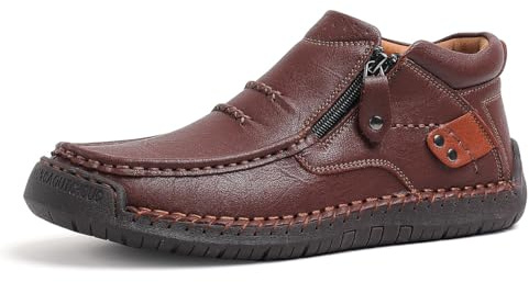 Men’s Handmade Premium Leather Slip-On Driving Boots, Men Side Zipper Orthopedic Shoes for Driving Hiking (Dark Brown,9)