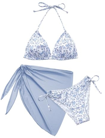 Vijamiy Dam Tredelad Baddräkt Bikinis Set 3 Delar Bikini Kurvig Push Up Sexig Halter Strandkläder med Kjol Stativ, Ljusblå och vit, XL