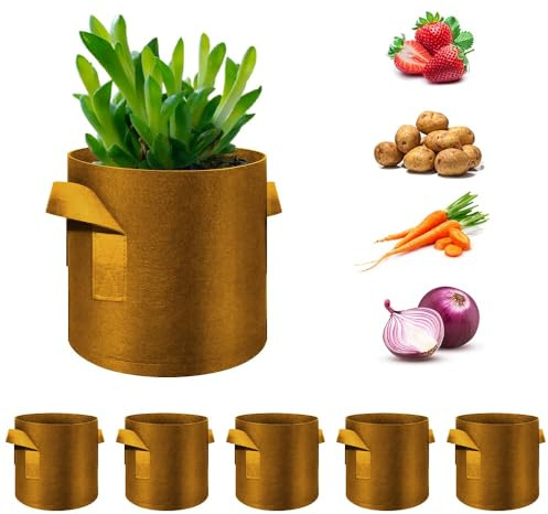 WHATWEARS Paquete de 5 bolsas de cultivo de plantas, macetas de tela no tejida gruesa con asas, contenedores para macetas de verduras, macetas de tela para jardín, verduras, flores, plantas y frutas