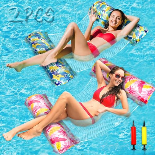 ZPQAODI Amaca Gonfiabile Galleggiante 2 PCS, 4 in 1 Materassino Gonfiabile, Galleggiante Da Piscina, Amaca di Acqua Materassino con Pompa d'aria Manuale, Letto Galleggiante per piscina sulla spiaggia