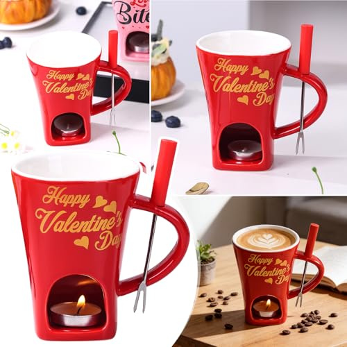 Tazza per Fonduta in Ceramica, 200 ml Fonduta Cioccolato Ceramica Set, Fonduta Formaggio con Candela e Forchette, Tazze per Fonduta di Cioccolato, Tazza per Fusione per Caramelle e Cioccolato (D)