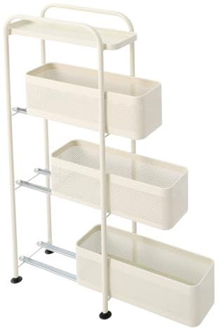 Carro rodante estrecho de 4 niveles, carro de almacenamiento para espacio estrecho, cajón deslizante, 15 cm, ancho, 4 ruedas, 2 frenadas, acero carbono, color blanco crema, para cocina, cuarto de baño