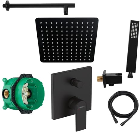 vanvilla Duschsystem mit Unterputz Duscharmatur von Hansgrohe Einhebelmischer und vanvilla Regendusche mit Armatur, Duschkopf eckig, Dusch-SET HGS07 schwarz matt beschichtet