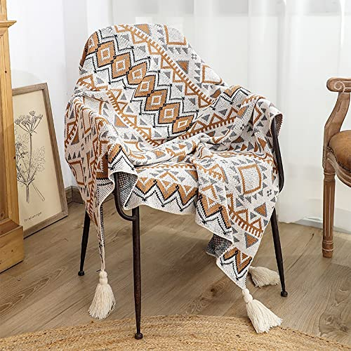 LumiSyne Gestrickte Decke Mit Vintage Fransen Böhmische Ethnischer Stil Geometrische Muster Weich Warm Tagesdecke Sesselbezug Überwürf Für Sofa Bett 220x130cm