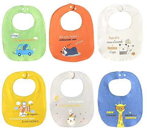 Cincobebé Baberos de Algodón Impermeables para Bebés y Niños Pequeños, con Frases Divertidas en Italiano y Diseño de Animales Súper Lindo, 0 a 36 Meses, 6 Piezas, con Caja de Regalo Elegante