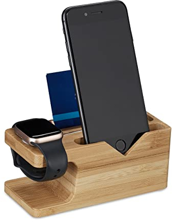 Relaxdays Charging Station, Tablet & Smartphone, H x W x D: 6 x 14 x 6.5, Bamboo, Natural Estación de Carga, para Apple Watch y iPhone, Bambú, 6 x 14 x 6,5 cm, Soporte para Teléfono y Reloj