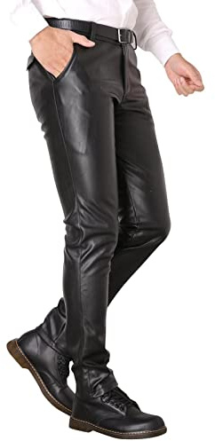 Generic Pantalones de piel para hombre, ajustados, impermeables, resistentes al viento, térmicos, para moto, de piel, para discoteca, color negro