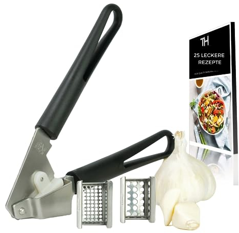 Thiru Premium Knoblauchpresse - 2 Edelstahl Einsätze für feines & grobes Knoblauchhack - Ideal für Ingwer, Zwiebeln & Kapern - Kein Schälen notwendig - inkl. E-Book mit 25 Rezepten - Made in Germany