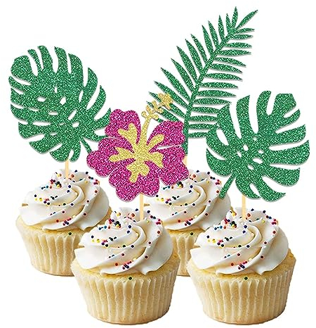 24 Pièces Scintillantes Tropical Décoration Gâteau Anniversaire, Fleur Cupcake Toppers, Aloha Cake Topper Décoration pour Hawaii Aloha Luau Décoration de Fête d'été (Fleur)