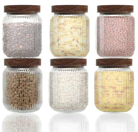 SHUESS 6 Pack 500ml Ribbed Glass Storage Jars with Airtight Bamboo Lids - 17 oz Stackable Air Tight Glass Containers for Food Storage, Perfect for Tea, Herbs, Coffee, Cereal