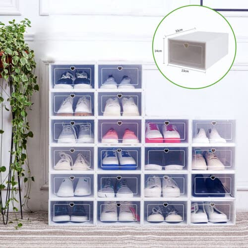 Jolre Lot de 20 boîtes à chaussures transparentes empilables en plastique - Boîtes à chaussures pliables et empilables - Boîtes à chaussures en plastique avec couvercle