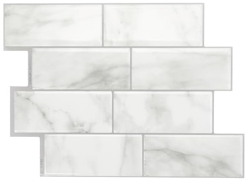 Smart Tiles Credence Adhesive pour Cuisine, Carrelage Adhesif Mural salle de bain 3D, 5 Stickers Muraux (29.34x21.28 cm), Autocollant Carreaux Adhesif fabriqué au Canada - Metro (Blanc marbré gris)