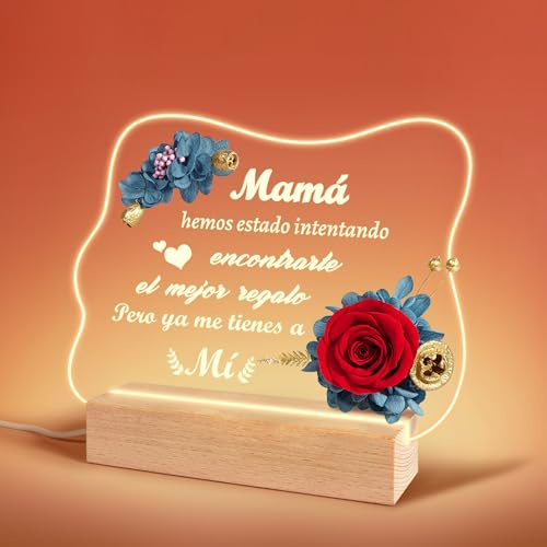 Sunia Luz Nocturna Acrílica con Rosa Eterna,Regalo Dia de la Madre,Romántica Luz Nocturna LED Grabada,Regalo Madre Cumpleaños,Día de la Madre,Regalos para Madres,Dia de la Madre Regalos Originales