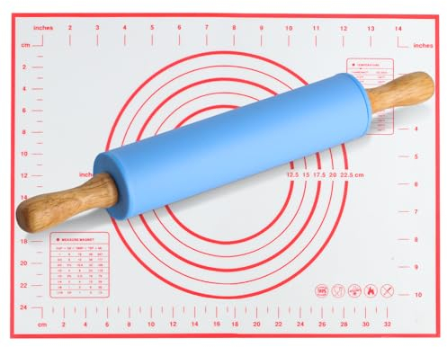 Mattarello Silicone con Manico in Legno, Mattarello Cucina Antiaderente con Tappetino da Forno(30x40 cm), 30,5cm Utensili Mattarello per Cuocere la Pizza, Pasta, Biscotti, Pasticceria