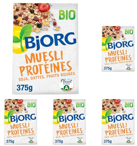BJORG - Muesli Protéines - Soja, Dattes, Fruits Rouges - Riche en Protéines - Source de Fibres - Céréales Complètes Avoine et Blé - Bio - 375g