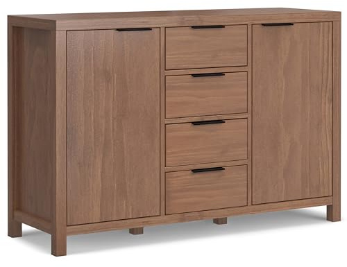 SIMPLIHOME Hollander Buffet - 54 inch Wide Solid Wood 3-Door Sideboard Buffet in Medium Saddle Brown, Contemporary Storage Cabinet for Dining Room or Kitchen with Adjustable Shelves and Metal Handles