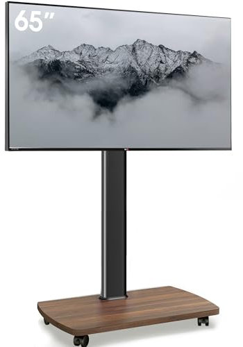 AOKCOS TV Ständer Rollbar mit Holzablage, Fernsehständer auf Rollen für 32-65 Zoll Fernseher, TV Bodenständer Höhenverstellbar Schwenkbar, bis 40 kg Max. VESA 400x400mm (Schwarz+Vintagebraun)