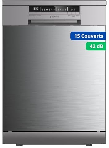 GEDTECH Lave-vaisselle GLV1542IX 15cv - Tiroir à couverts – 42 dB - Ultra silencieux - Départ Différé - Eco - Intensif - Rapide – Faible conso - Classe C - Inox - Protection enfant